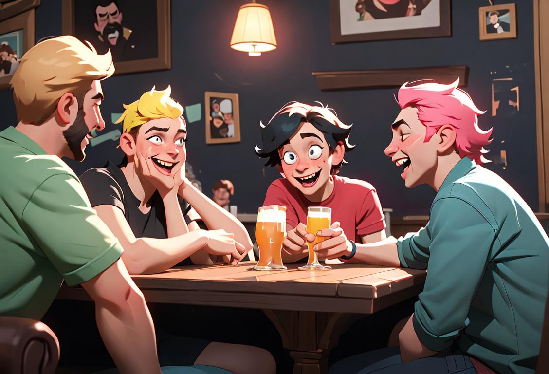 A group of friends having a lively discussion at a pub, with a hint of playful mischief. Casual clothing, vibrant atmosphere, laughter in the air..