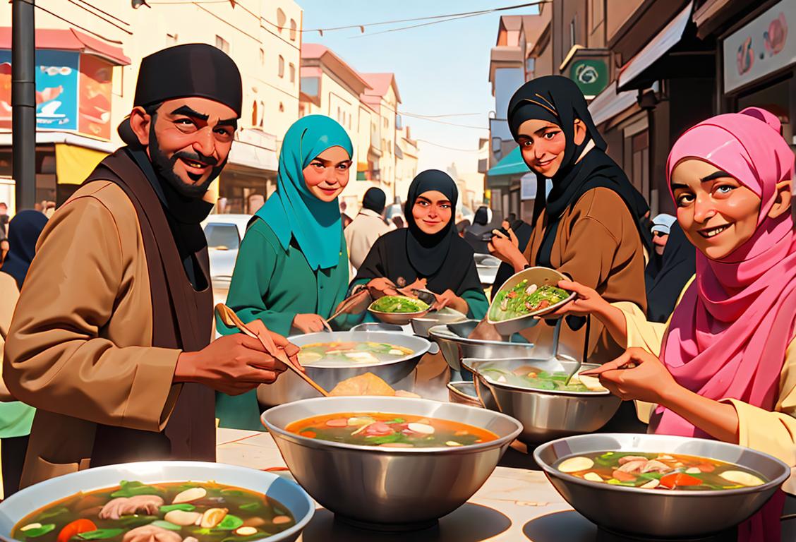 Group of diverse individuals serving bowls of warm soup to people of different backgrounds in a bustling city street, with their kind smiles brightening up the scene..