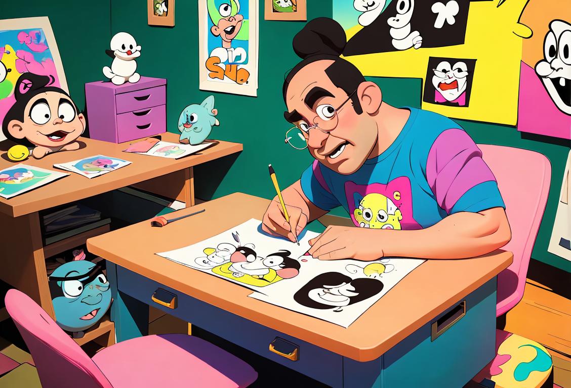 Talented cartoonist at their drawing desk, surrounded by whimsical characters, wearing a nerdy t-shirt, in a colorful studio..