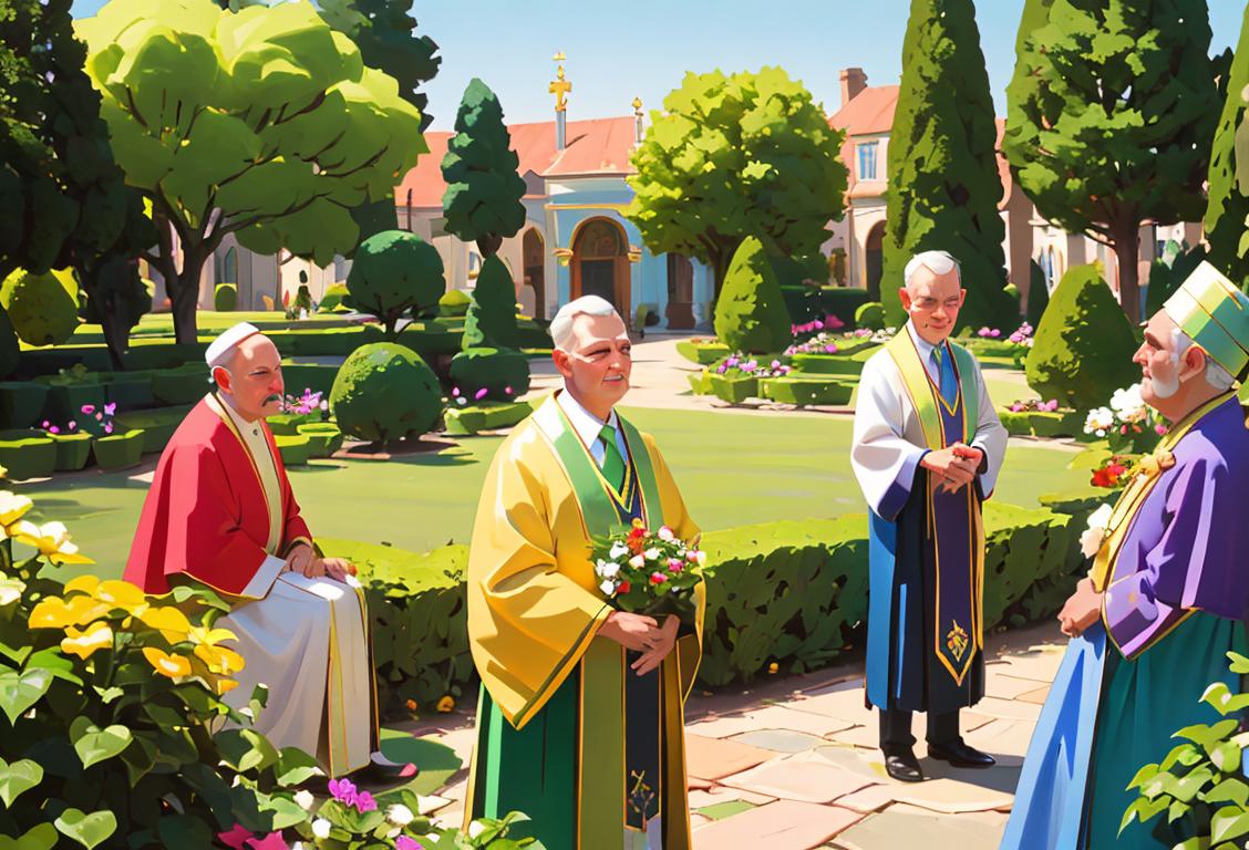 A group of diverse individuals dressed in apostolic attire, in a colorful garden, showcasing different cultures and traditions..
