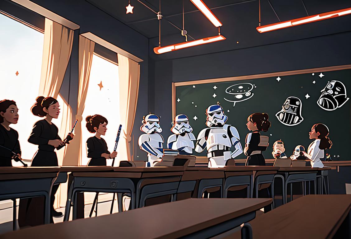 A group of teachers dressed as Star Wars characters, posing with lightsabers and school supplies, in a classroom decorated with Star Wars-themed decorations..