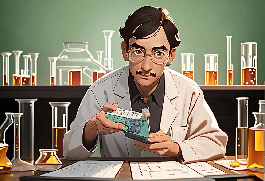 A scientist wearing a lab coat and holding a large calculator, surrounded by beakers and test tubes..