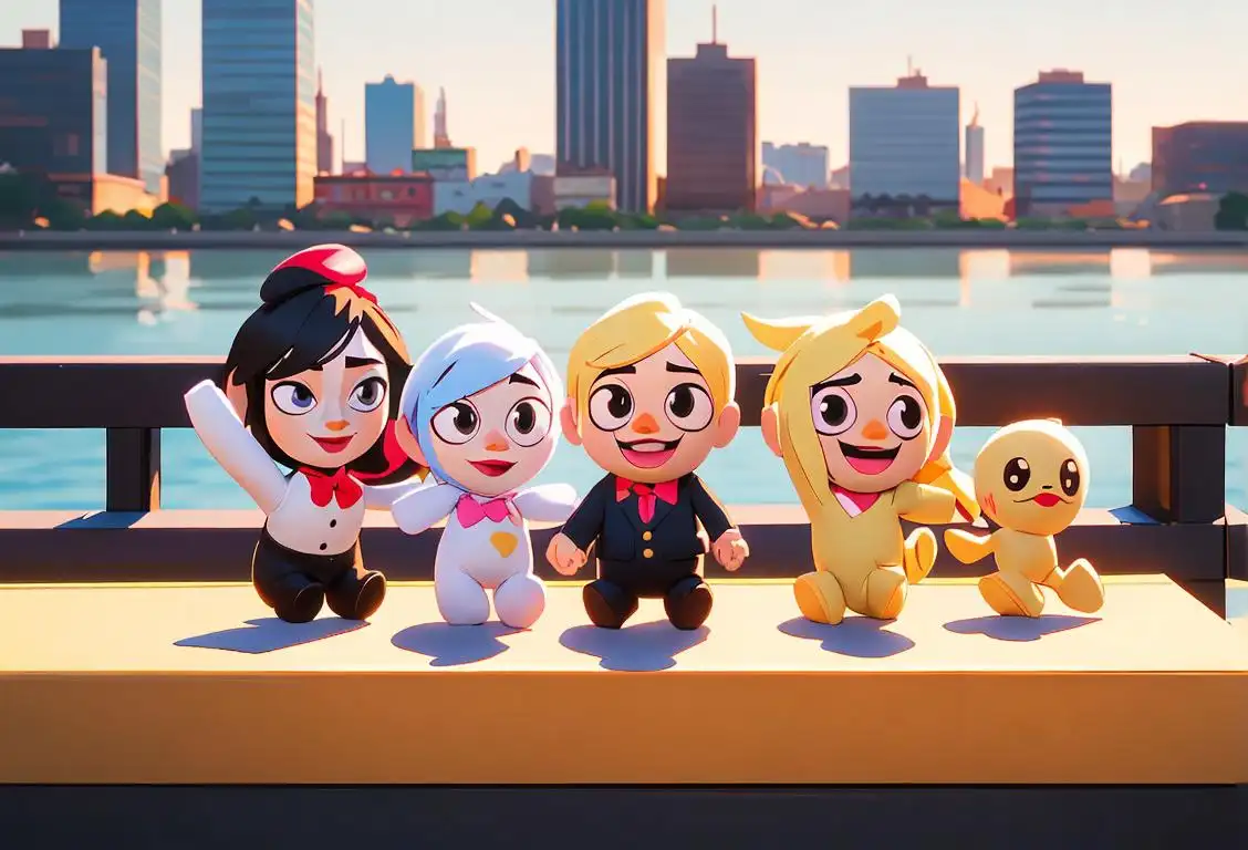 A diverse group of people holding up various emoji plushies, dressed in trendy outfits, against a vibrant city backdrop..