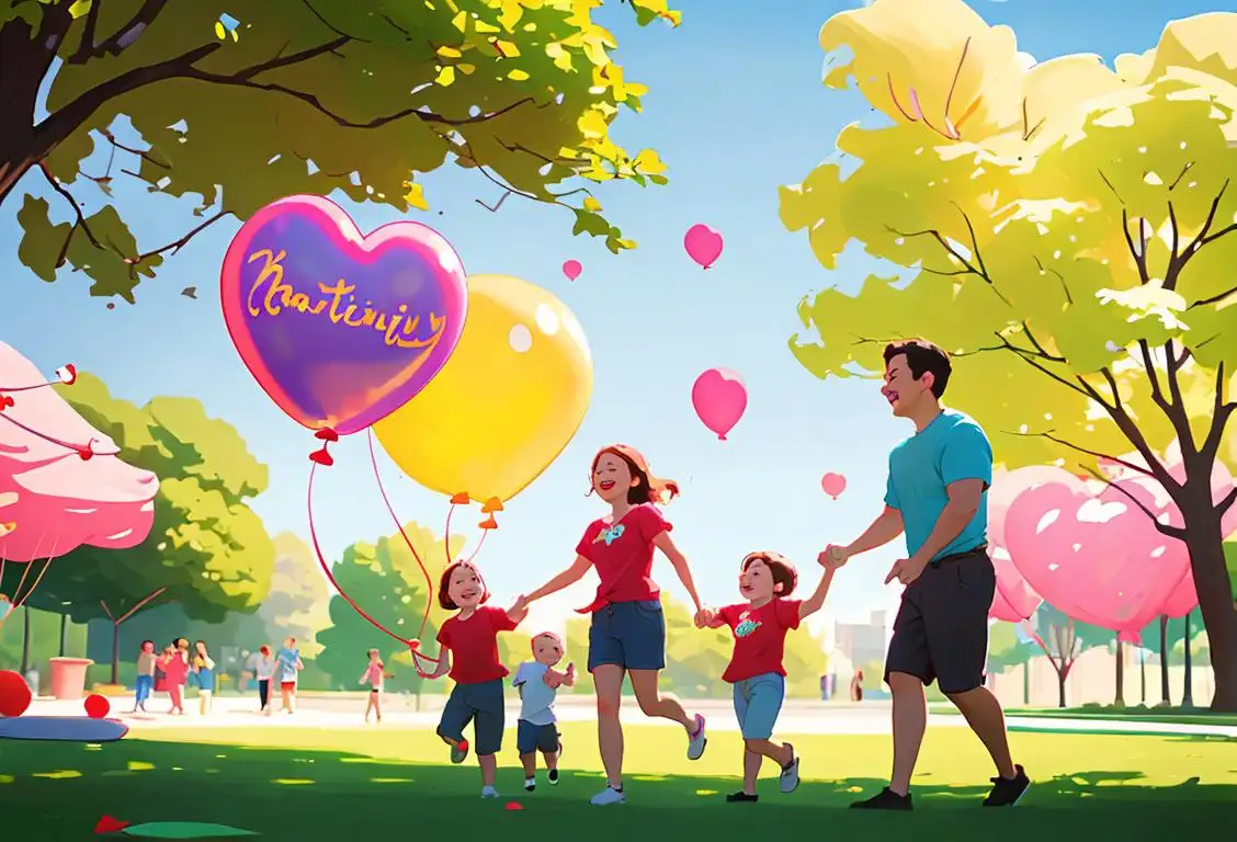 Happy families enjoying quality time together in a park, wearing matching t-shirts and playing with colorful balloons..