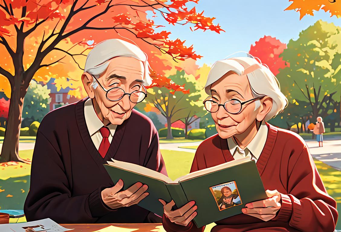 Elderly couple sitting in a sunny park, wearing cozy cardigans, reading books, surrounded by colorful autumn foliage..