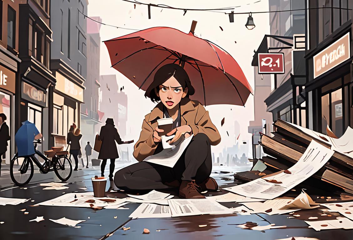 A person in casual clothing, holding a broken umbrella, surrounded by spilled coffee cups and a fallen stack of papers, city street background..