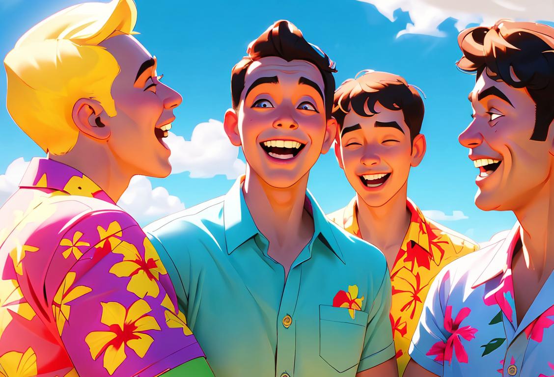 Young man in a colorful Hawaiian shirt, surrounded by a group of people, laughing together under a sunny sky..