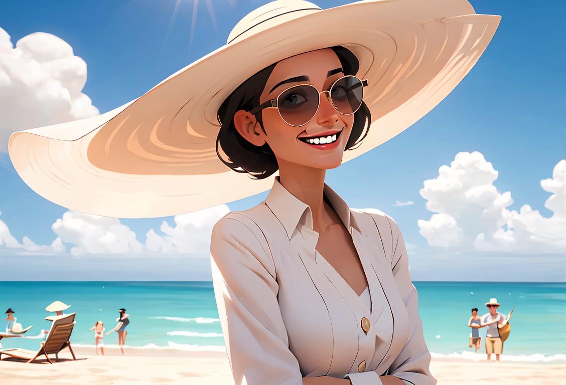 A smiling person outdoors, wearing sunglasses, a wide-brimmed hat, and lightweight clothing, enjoying a sunny day at the beach..