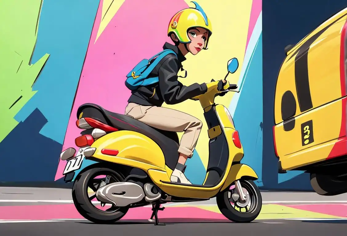 Young person riding a scooter in a vibrant urban setting, wearing trendy clothes and a helmet for National Scoota Day..