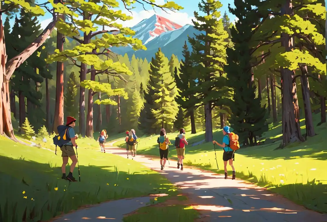Group of hikers exploring a scenic trail, outfitted in outdoor gear, surrounded by towering trees and vibrant wildlife..