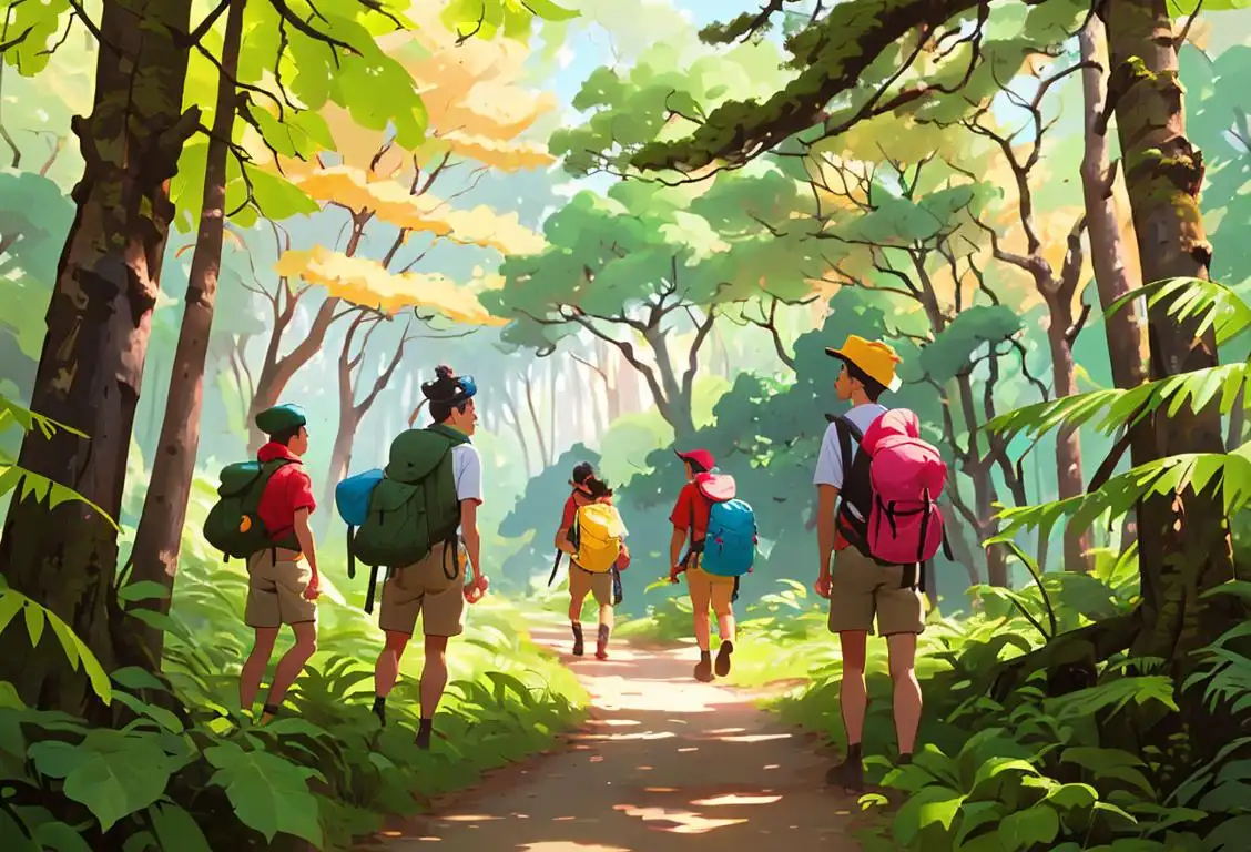 Roaming through a forest, a group of diverse explorers sporting vibrant bandanas, adventurous outfits, and backpacks, capturing the essence of National Park All Day..