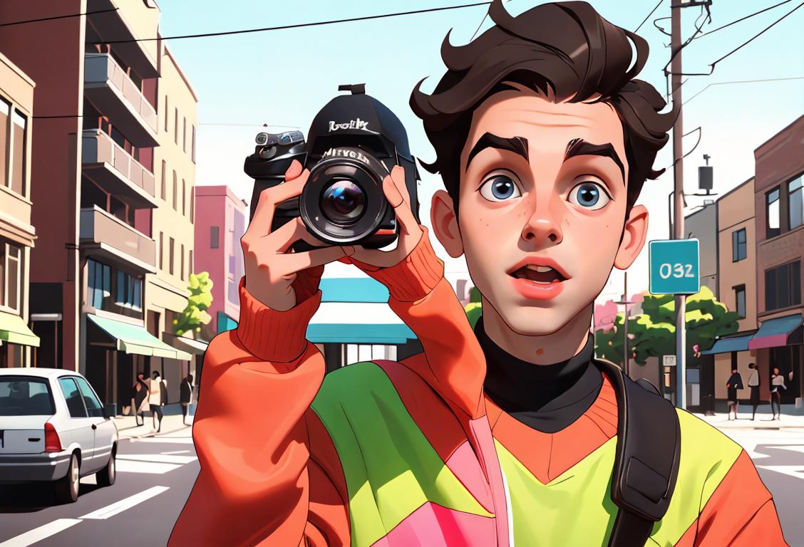 Young man with a camera, wearing a trendy outfit, capturing funny moments with friends in a vibrant urban setting..