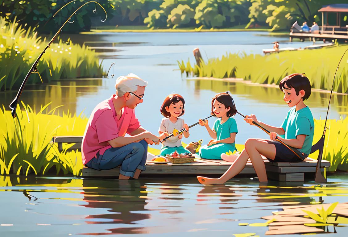 A joyful family seated by a peaceful river, holding fishing rods and wearing colorful summer fashion, celebrating National Catfish Day with a picnic..