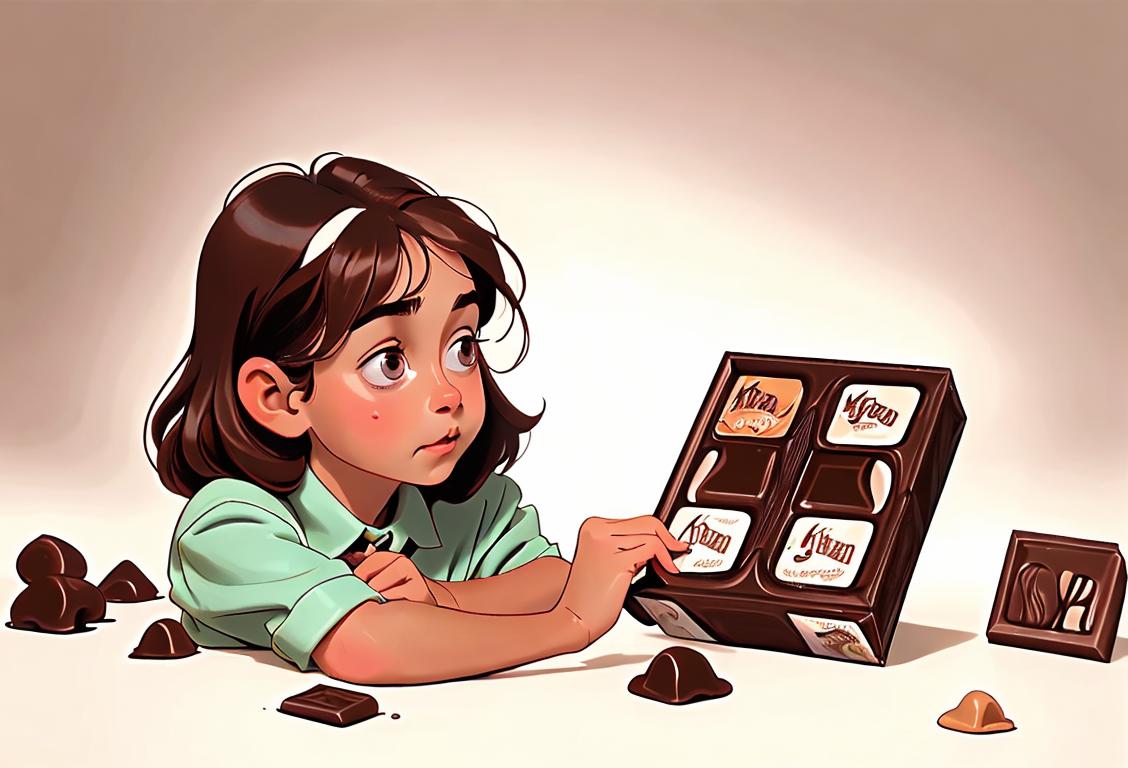 Young person savoring a piece of milk chocolate, dressed in a classic outfit with a retro twist, surrounded by vintage milk chocolate wrappers, reminiscing sweet childhood memories..