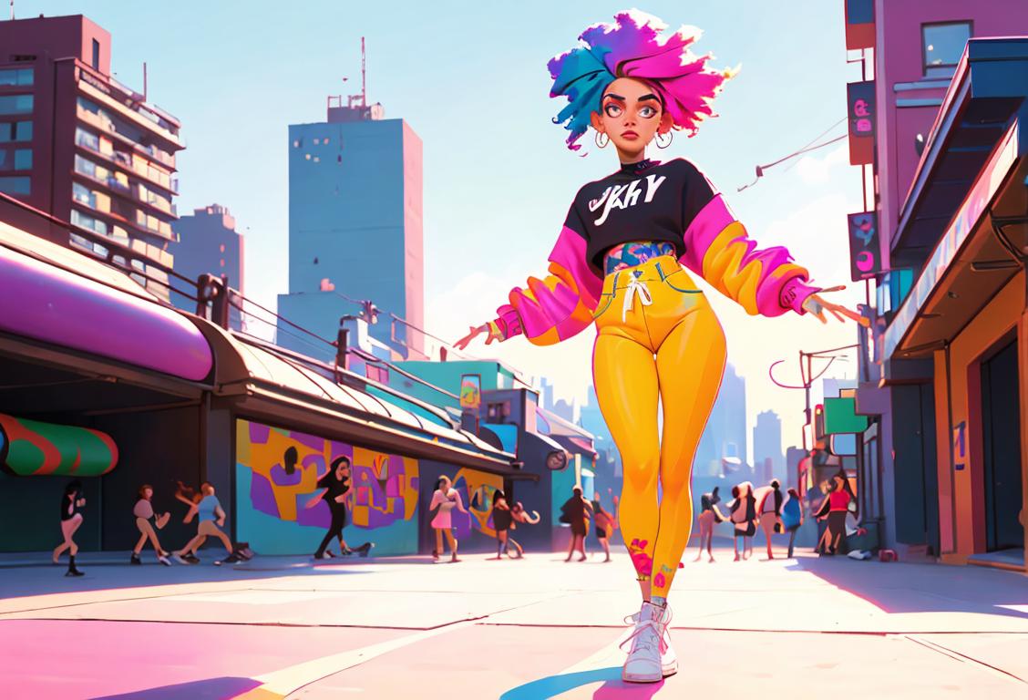 Young woman with colorful hair, wearing urban street style clothing, dancing in front of a vibrant cityscape backdrop on National Kehlani Day..