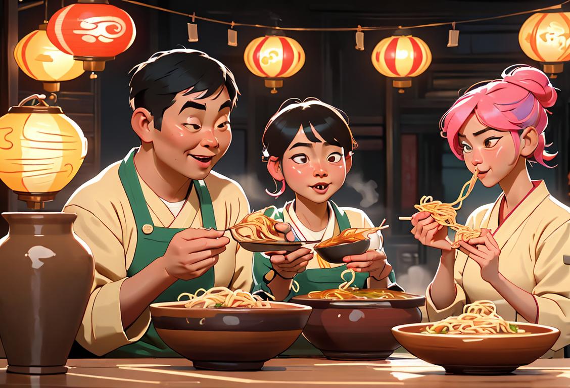 A heartwarming scene of a diverse group of friends joyfully slurping on steaming bowls of ramen noodles, each showcasing their unique style with colorful clothing and different hairstyles. The background showcases a bustling Asian street food market, filled with vibrant lanterns and aromatic food stalls. The smiles on their faces reflect the happiness and comfort that ramen brings to people from all walks of life. .