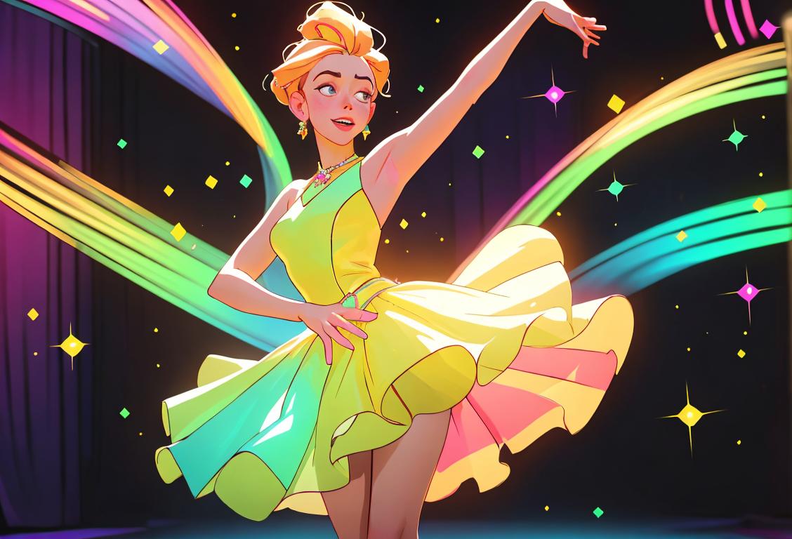 A delightful image of a person named Hannah gracefully dancing on a digital dance floor, surrounded by vibrant colors and sparkles. They wear a flowing dress, exemplifying the grace associated with the name. In the background, there are subtle nods to Hannahs in history, such as biblical symbols and music notes. The scene captures the essence of joy and surprise, celebrating National Hannah Day in a whimsical and enchanting way..