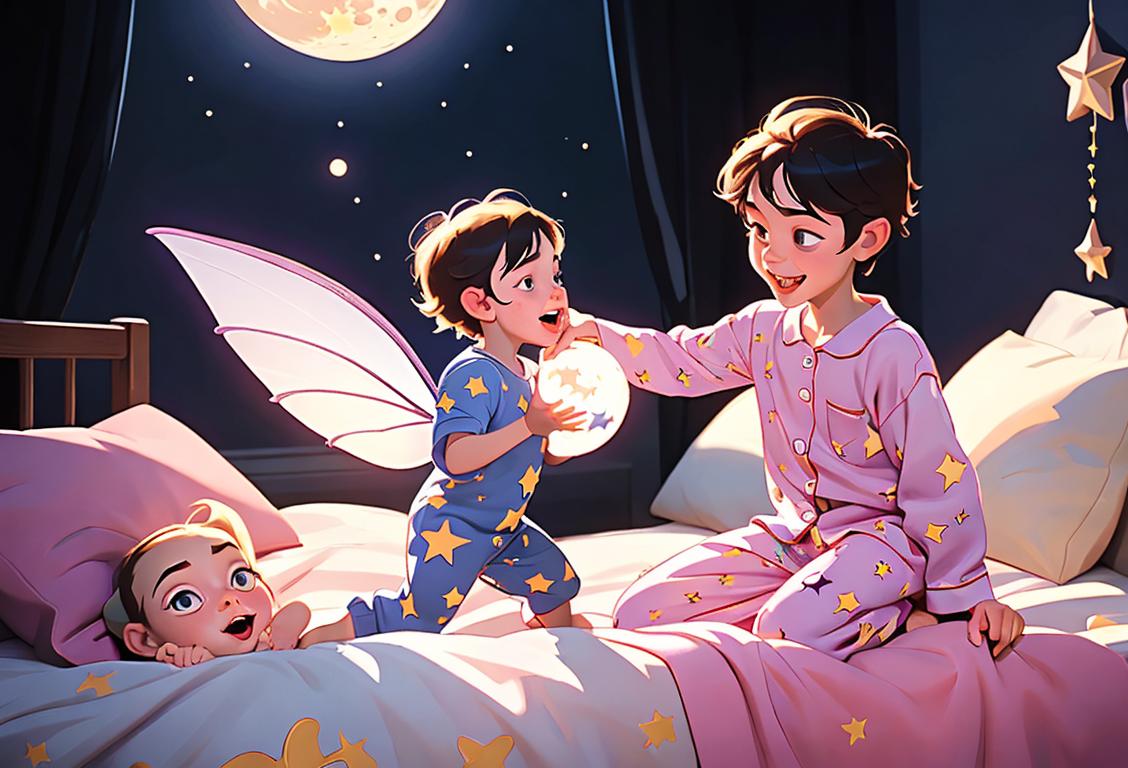 Young child holding a tooth excitedly, wearing pajamas, magical-looking bedroom with stars and moon decorations..