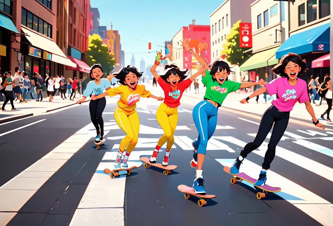 Energetic group of diverse individuals, in their trendy attire, skateboarding through vibrant city streets, radiating joy and enthusiasm on National Get on Board Day..