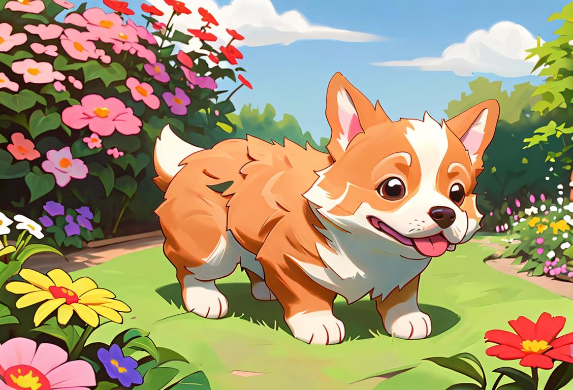 Happy corgi surrounded by colorful flowers, wearing a cute bandana, outdoor garden setting.