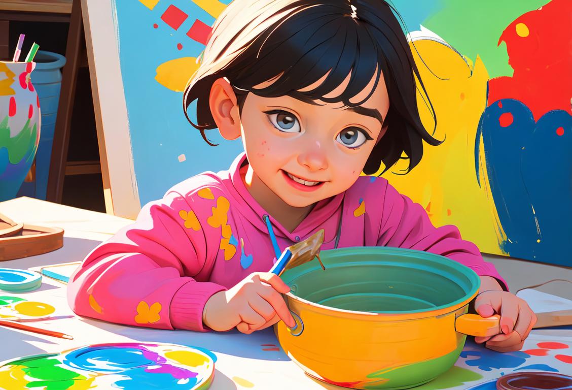 Cute child happily painting a colorful pot, wearing an artist smock, surrounded by a creative studio atmosphere..