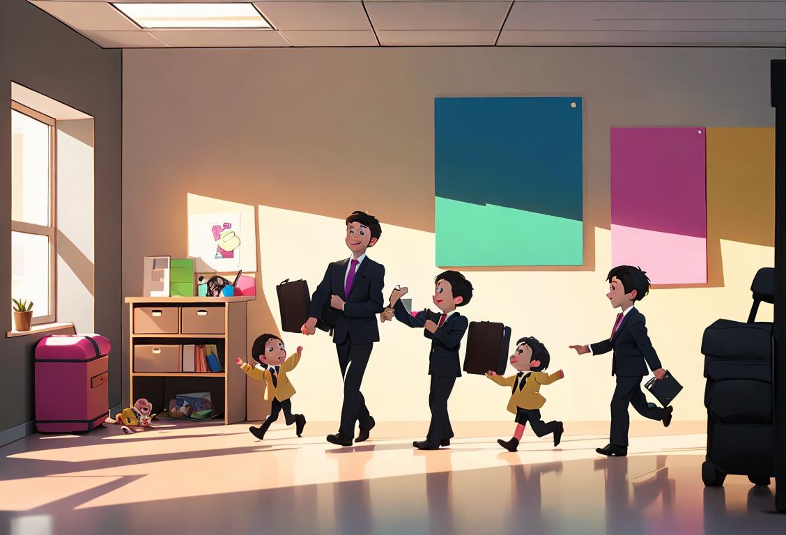 Young children wearing mini suits and carrying briefcases, exploring an office with colorful chaos and smiling co-workers..