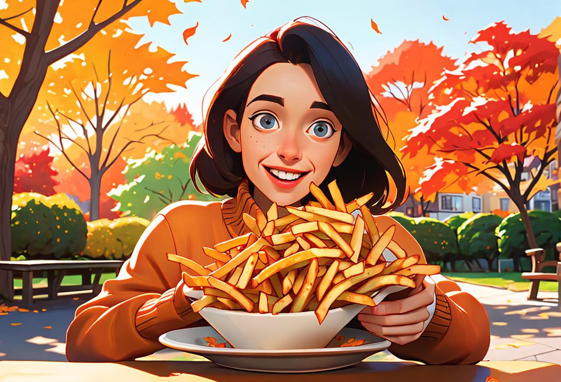 Cheerful person holding a plate of cheddar fries, wearing a cozy sweater, autumn park setting, colorful leaves falling in the background..