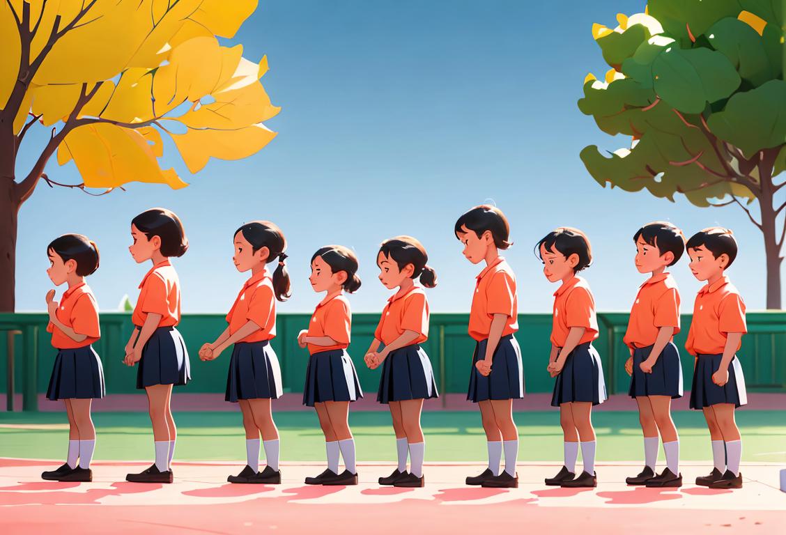 Young children lined up in a neat row, wearing brightly colored shirts, holding hands, school playground setting.
