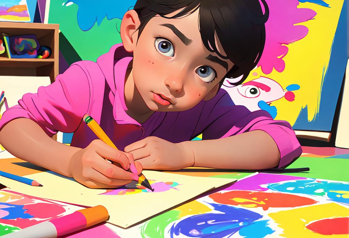 Child artist holding a Crayola crayon, surrounded by colorful artwork and a vibrant art studio with natural lighting..