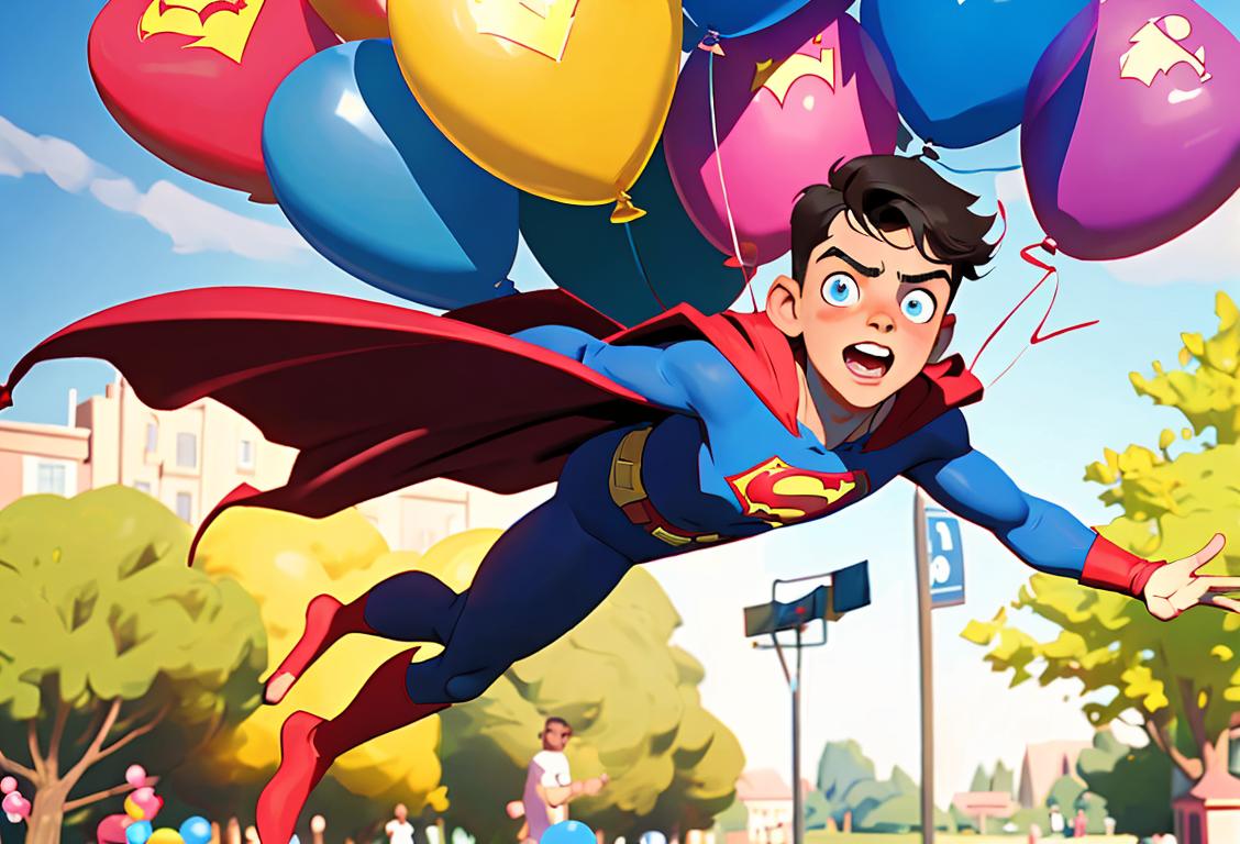Young boy wearing a superhero cape, jumping in the air with a big 'Yes' sign in hand, surrounded by colorful balloons in a sunny park setting..