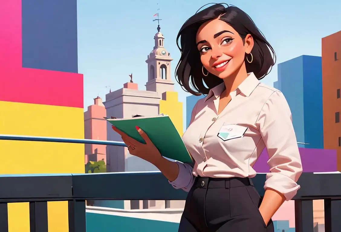 Smiling Latina woman in professional attire, holding a paycheck with a confident stance, vibrant city background..
