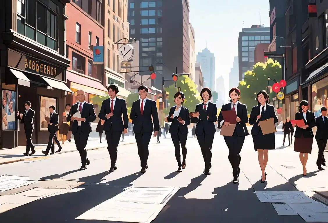 A diverse group of individuals holding resume portfolios, wearing business attire, in a bustling urban setting..