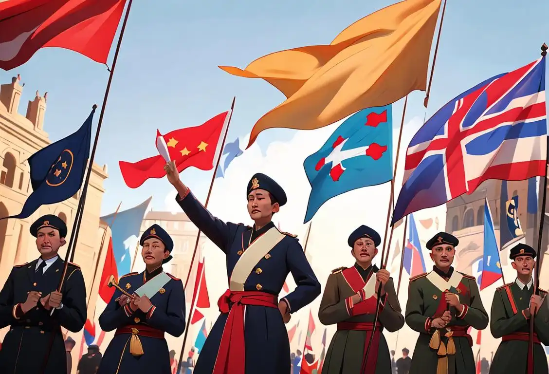 An image of diverse individuals proudly waving flags, wearing traditional clothing, celebrating National Uprising Day in a bustling city square..