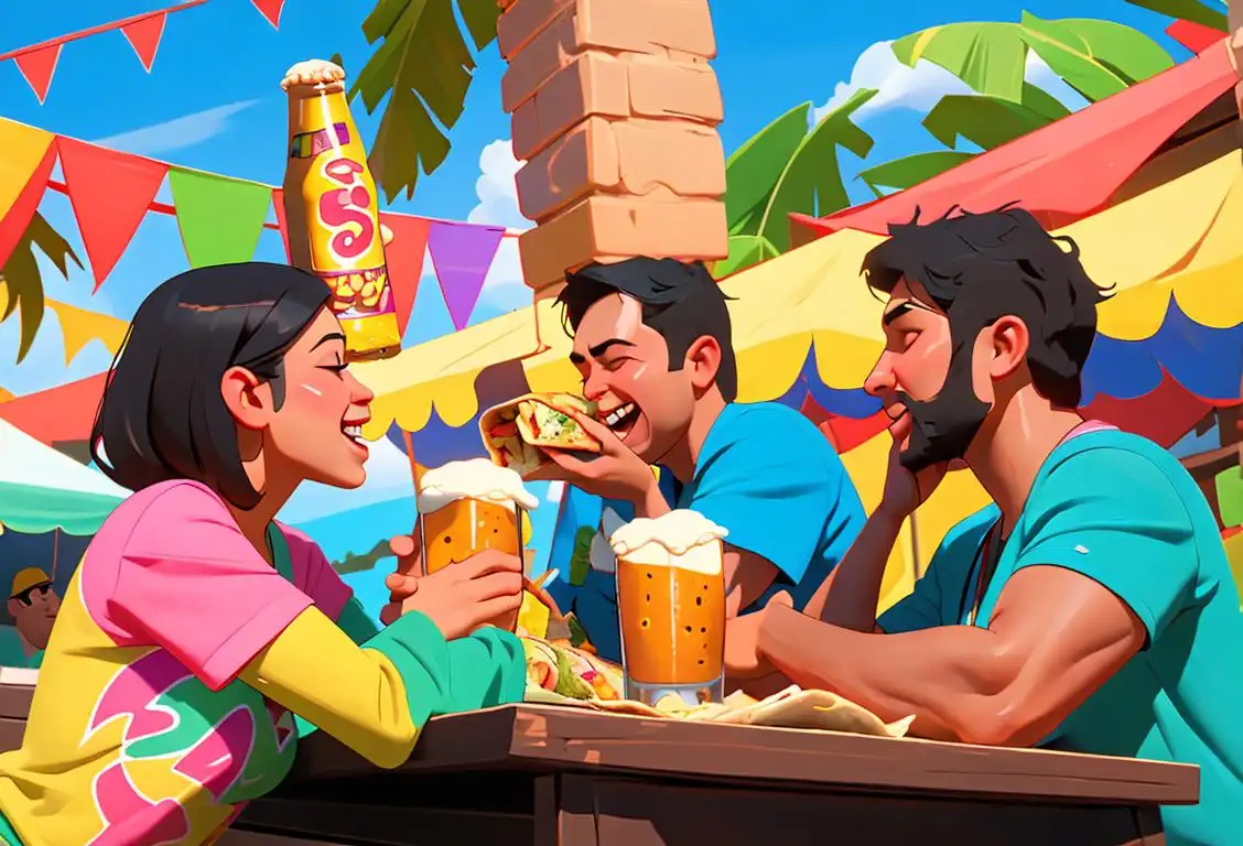 A joyous celebration of National Beer Burrito Day with people enjoying beer and burritos at a vibrant outdoor fiesta, tropical shirts, colorful decorations and delicious food..