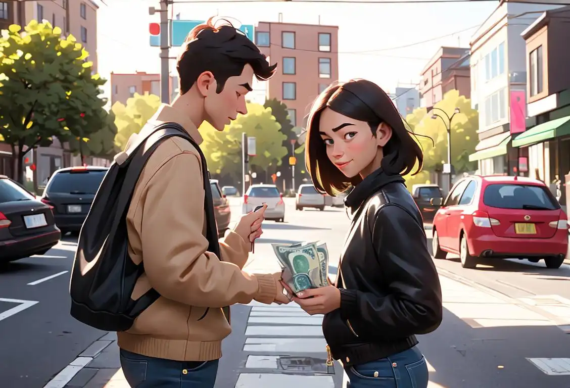 Young adult happily transferring money to their loving parents, wearing casual clothing, modern urban setting..
