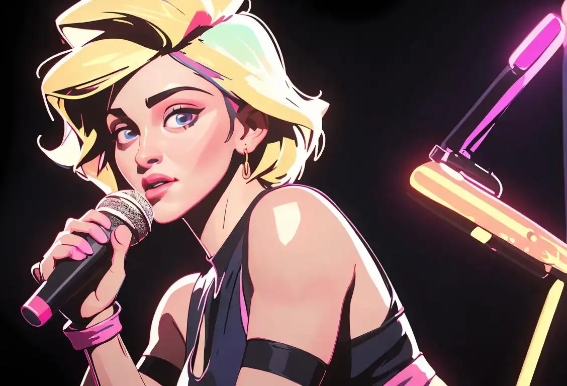 Young woman in 80s Madonna style outfit, striking a pose with a microphone, colorful neon lights in the background..