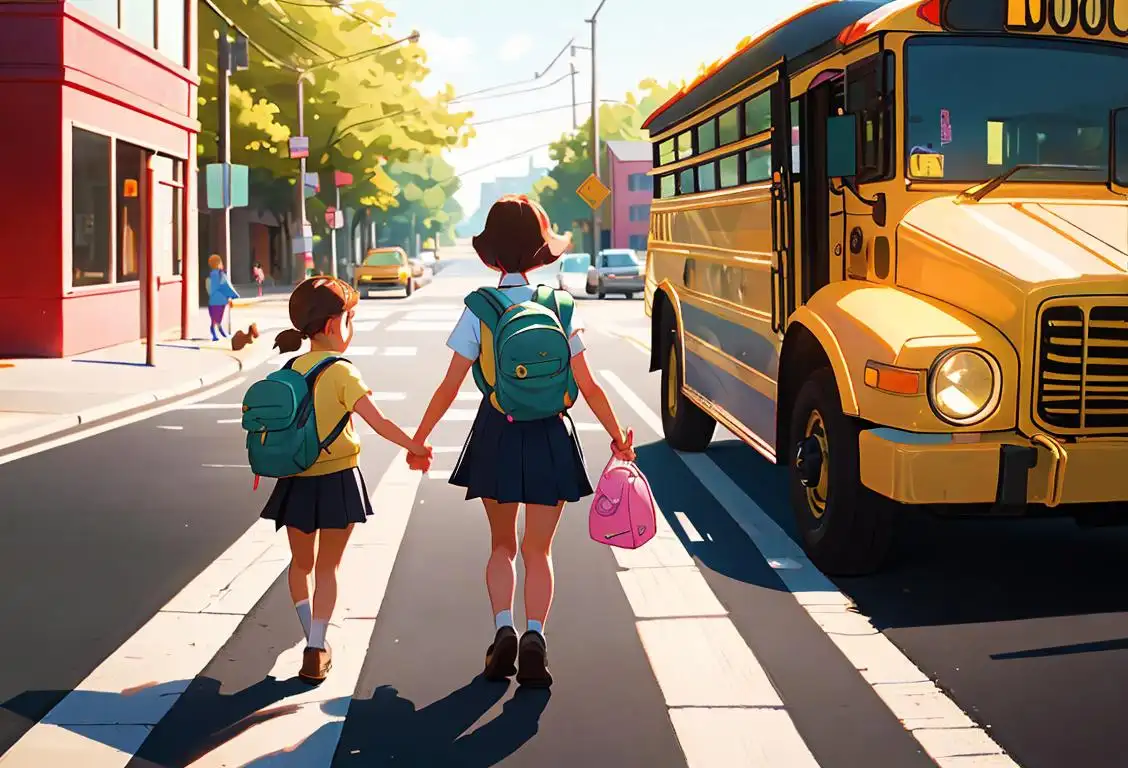 Young children walking hand-in-hand, wearing backpacks and crossing guard vests, with a colorful school bus in the background..