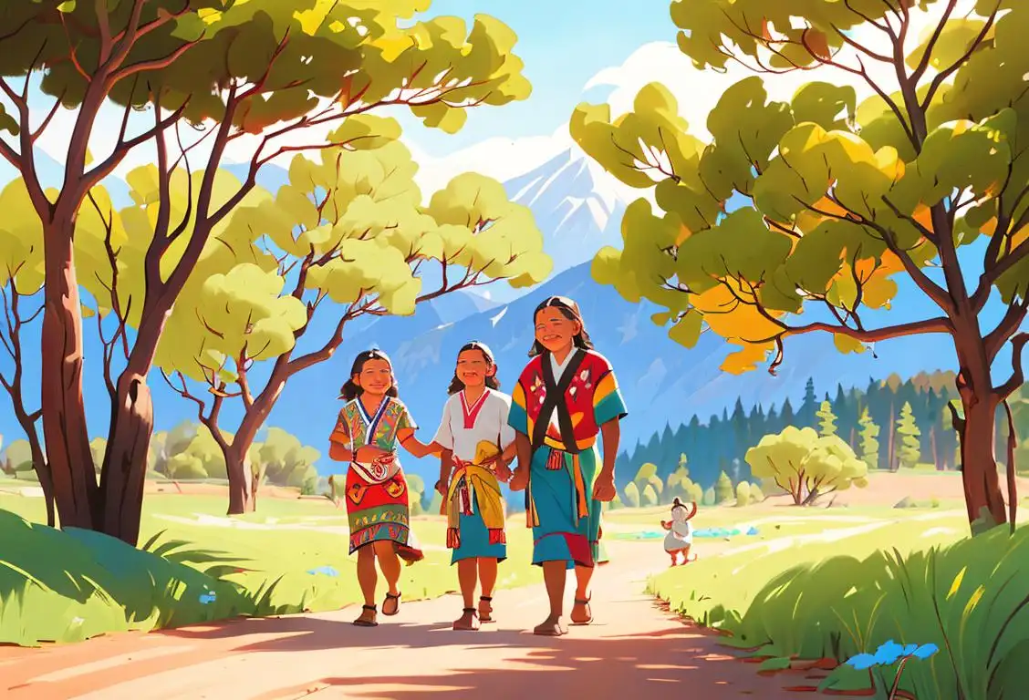 Smiling indigenous family wearing traditional clothing, walking through a serene natural landscape, promoting diabetes awareness and unity..