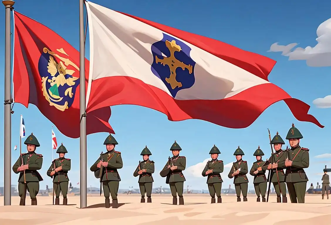 A group of diverse soldiers in crisp military uniforms, standing proudly, against a majestic flag backdrop..