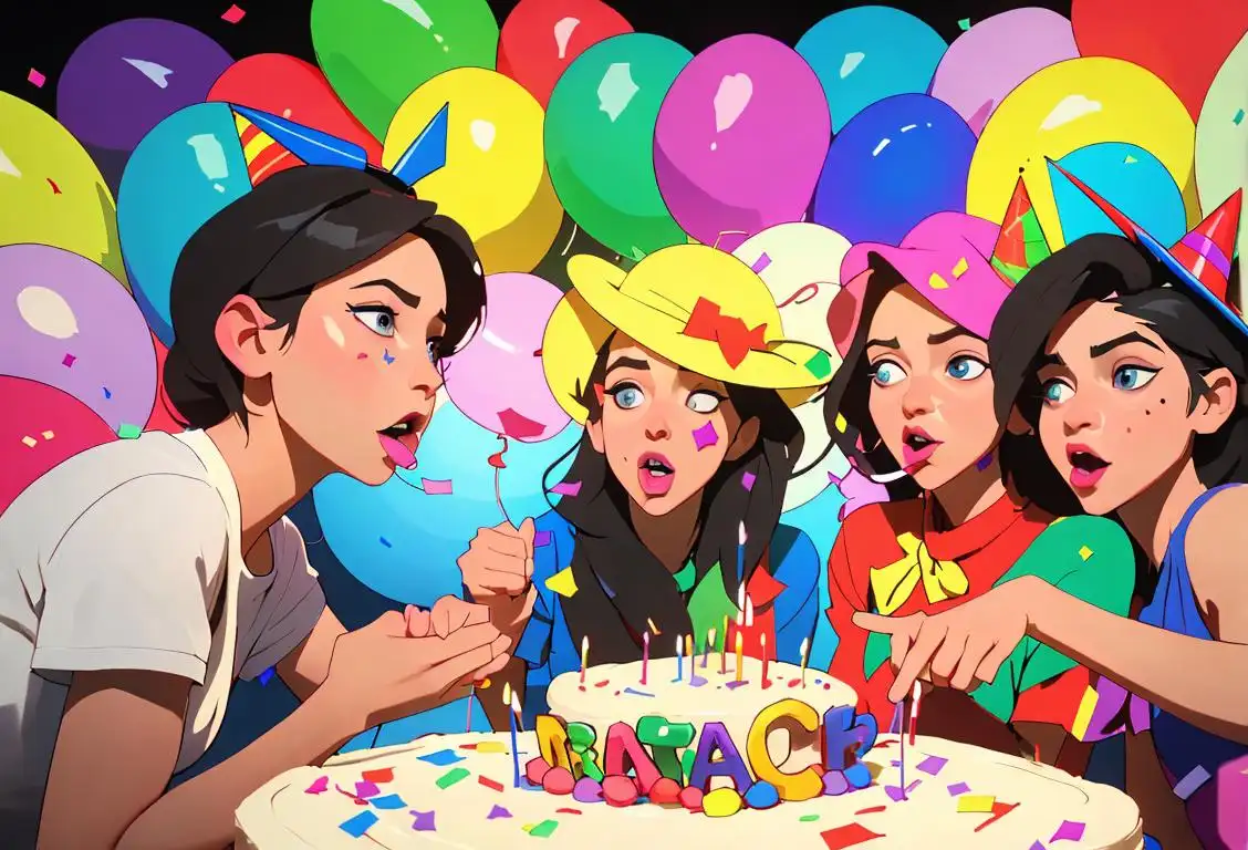 Group of friends wearing colorful party hats, blowing out candles on a cake, surrounded by confetti and balloons..