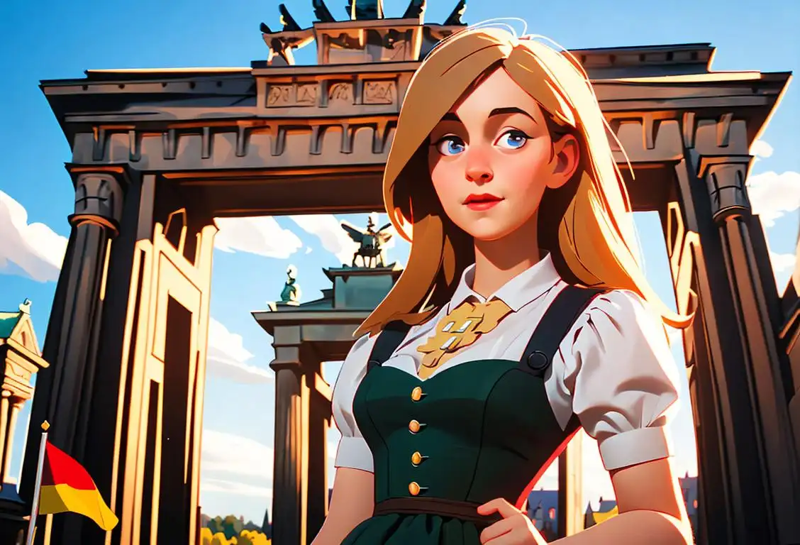 Young woman in a cute dirndl dress, holding a German flag, surrounded by iconic German landmarks, such as the Brandenburg Gate and Neuschwanstein Castle..
