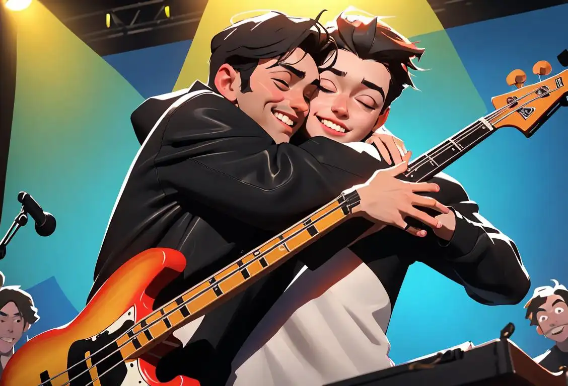 A group of diverse musicians playing together on a stage, with a prominent bassist holding a bass guitar and wearing a trendy outfit, surrounded by fans. The bassist has a radiant smile and is being hugged by a fan, showing the love and appreciation for 'National Hug a Bassist Day'. The scene is set in a vibrant music venue with colorful lighting and energetic atmosphere..