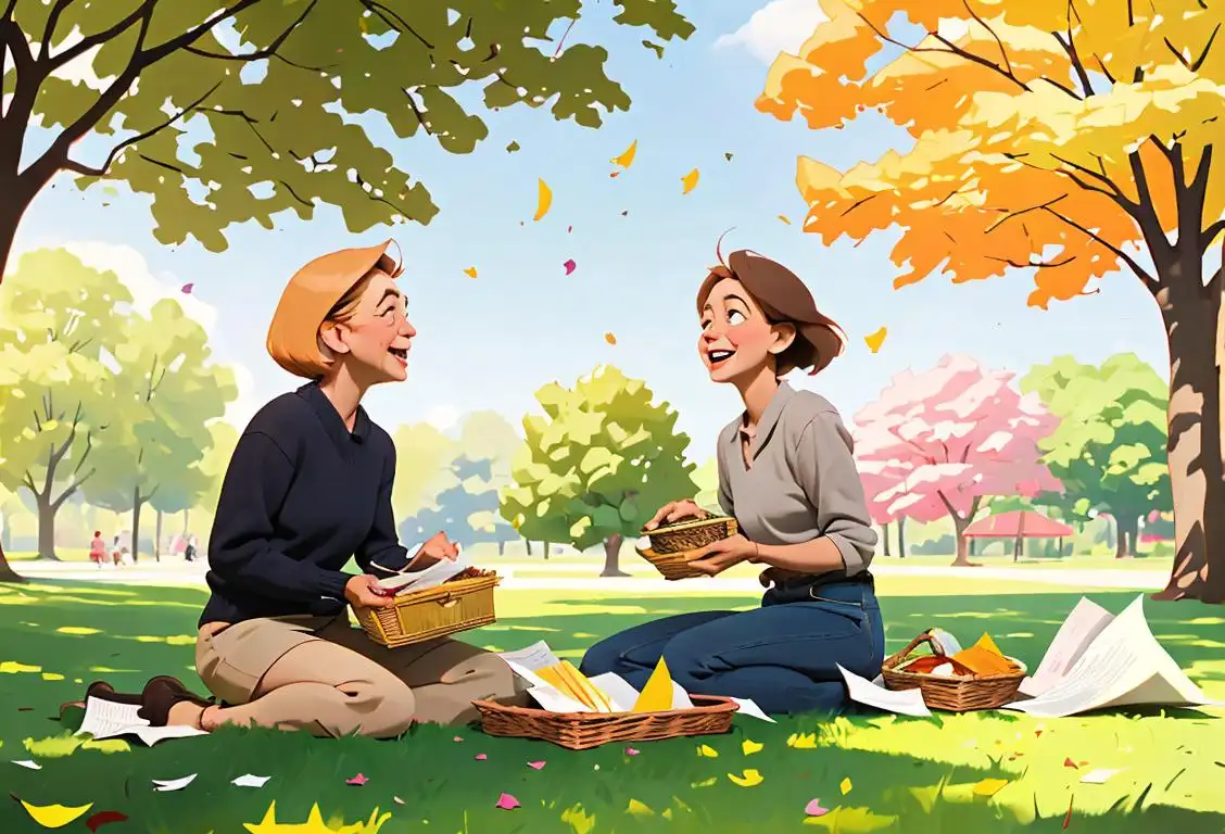 Two friends happily tossing old papers in the air, wearing casual clothes in a park with a picnic basket nearby..