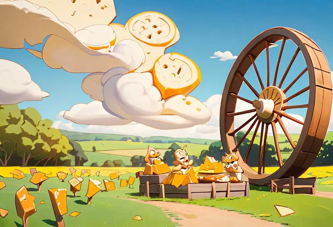 An enthusiastic group of people donning cheese costumes, posing in front of a giant cheddar wheel, picnic-style, surrounded by greenery and sunny skies..