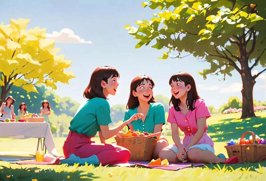Group of friends laughing and enjoying a day outdoors, wearing colorful summer outfits, in a vibrant picnic setting..