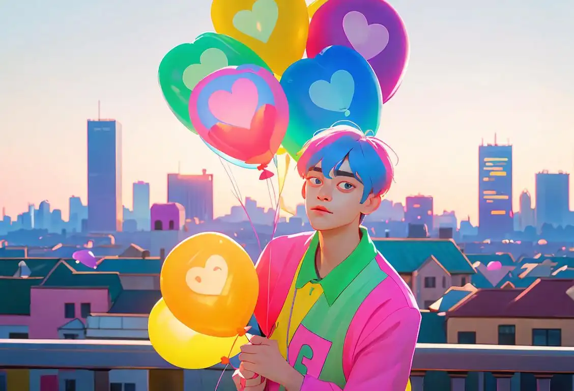 Taehyung fans celebrating with bright colored balloons, wearing colorful attire, modern city skyline in the background..