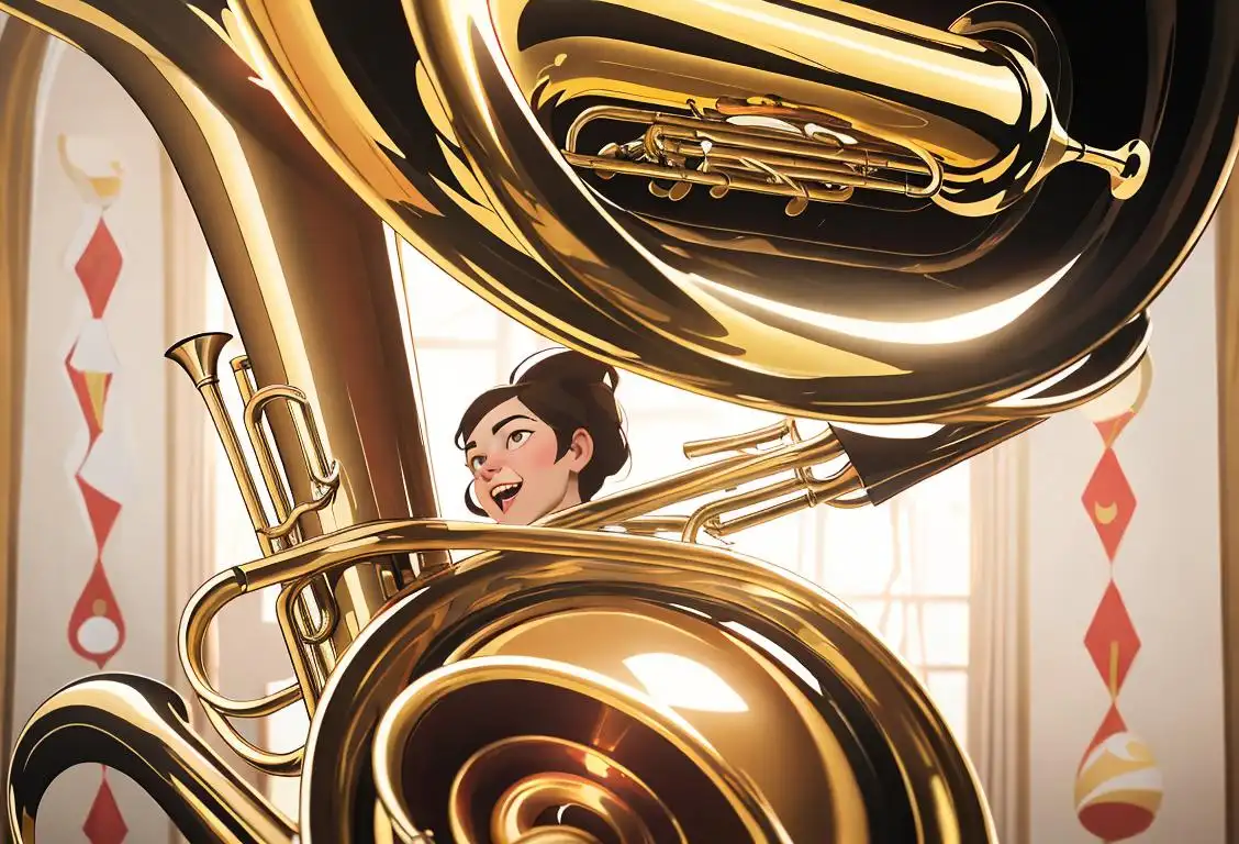 Joyful musician playing a tuba, wearing a classic suit, surrounded by a lively marching band..