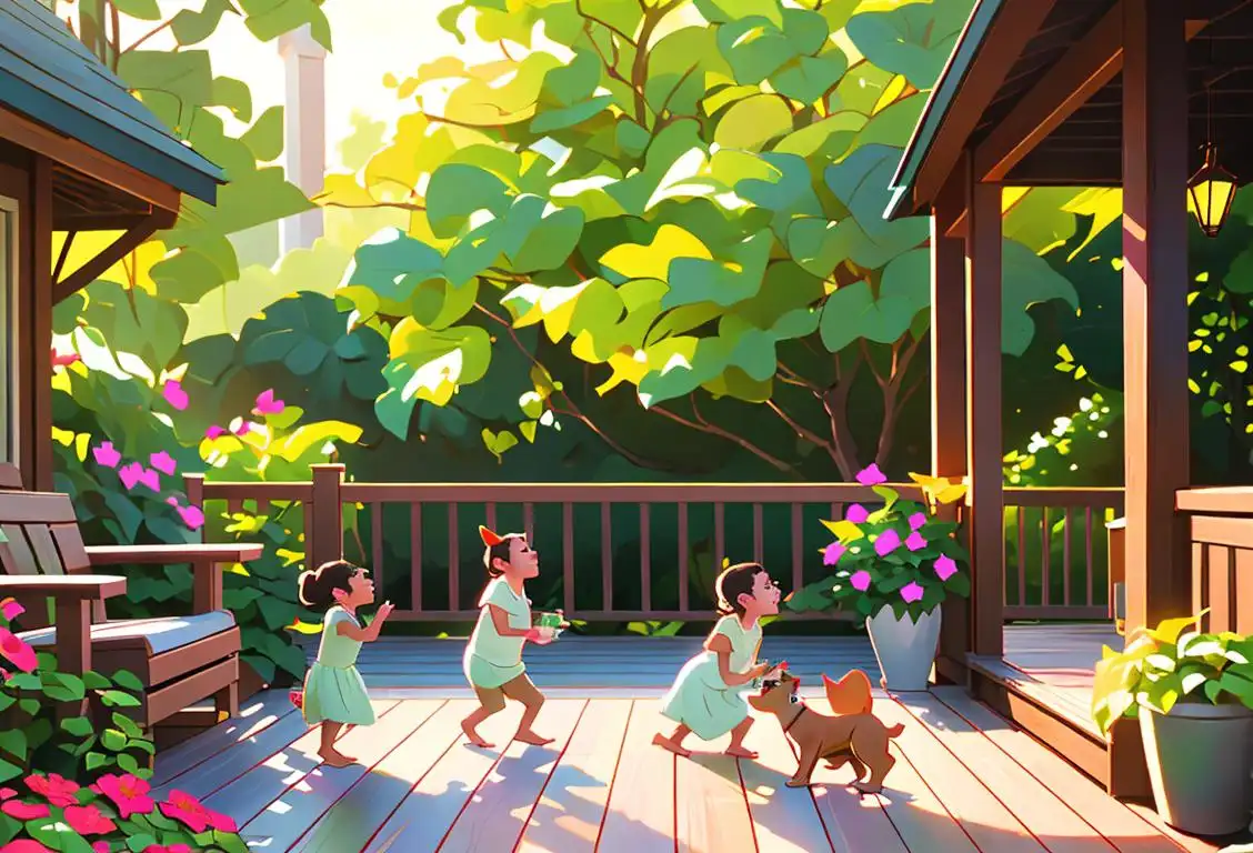 Happy family relaxing on a deck, surrounded by lush greenery and colorful flowers. Children playing, parents enjoying refreshing drinks, and a dog wagging its tail..