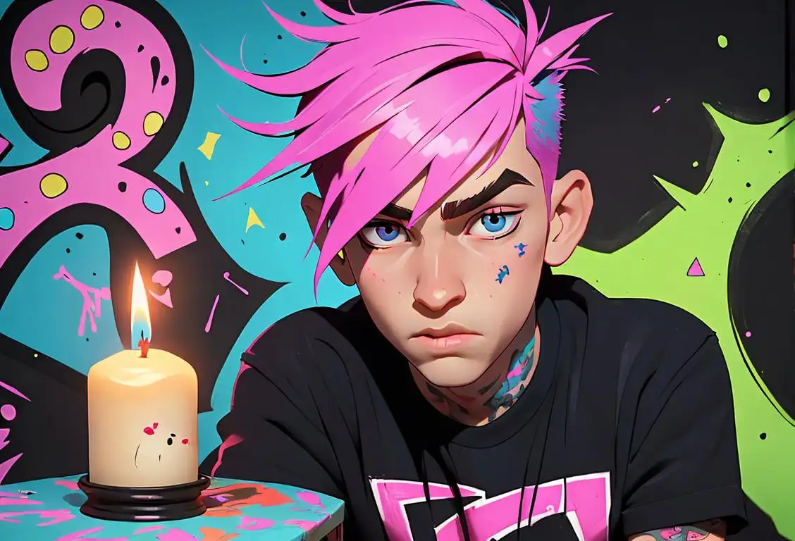 Young man with colorful hair, wearing punk rock attire, in front of a graffiti-covered wall, holding a lit candle..