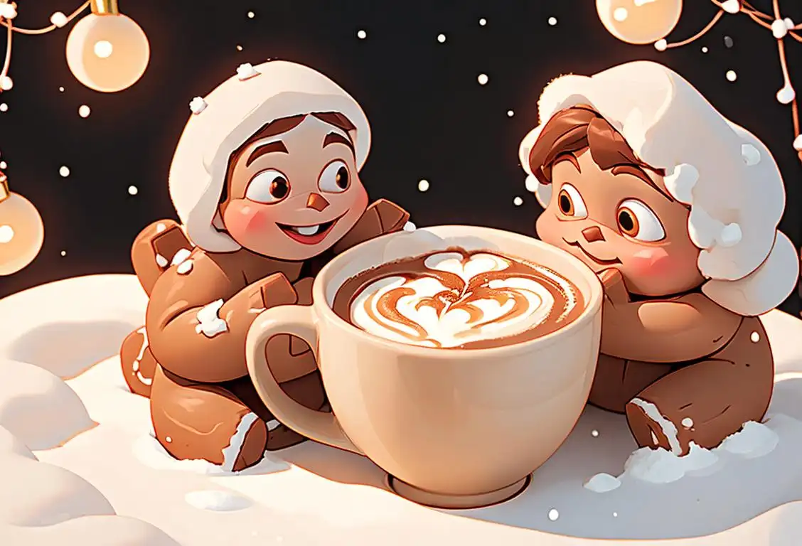 A cozy winter scene with a joyful person sipping a gingerbread latte, wearing a festive sweater, surrounded by twinkling lights and a snow-covered landscape..